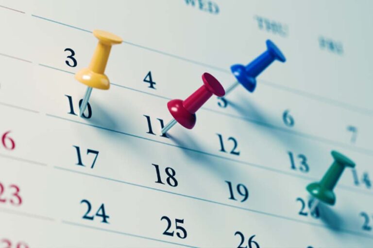 A close up of a calendar with different coloured push pins in