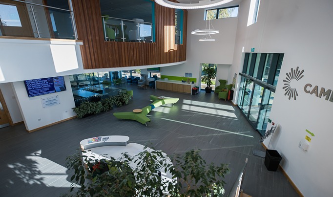 The inside of cambria business school, from the second floor looking at the first floor and entrance