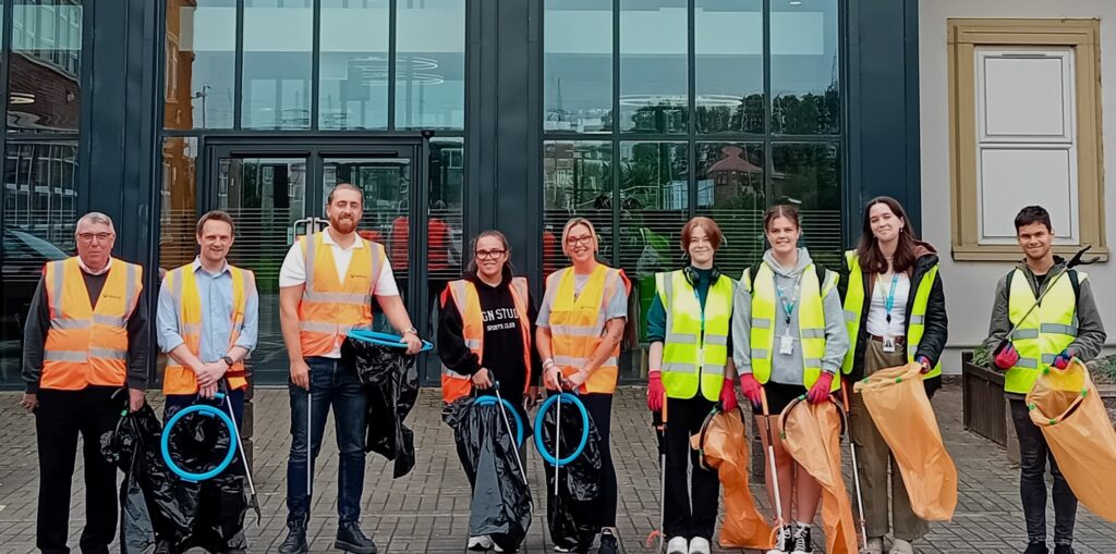 a team of litter pickers for a coleg cambria initiative