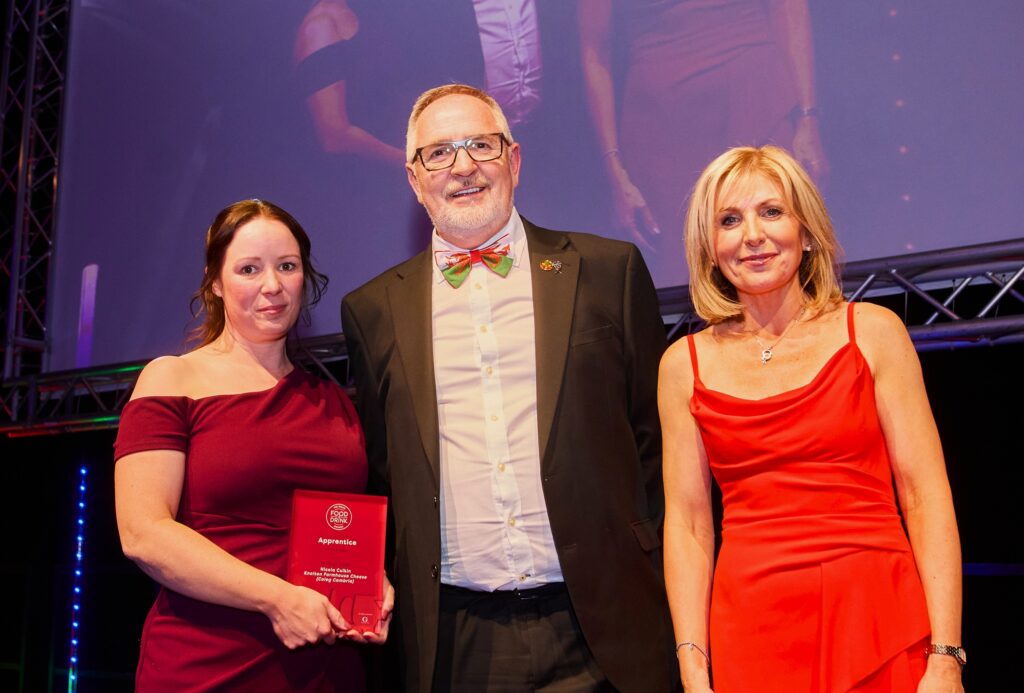 Nicola Culkin with presenter Sian Lloyd and sponsor Arwyn Watkins OBE (Cambrian Training).