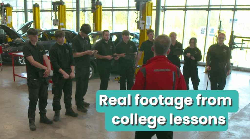 a group of students stood in a line looking towards a tutor who has his back to the camera