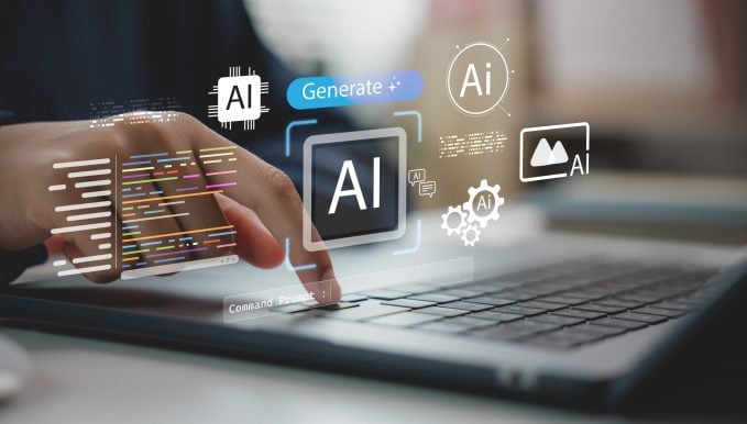 Hand using laptop with AI interface and code on virtual screen, representing generative AI, prompt engineering, artificial intelligence development, automation, and machine learning technology.