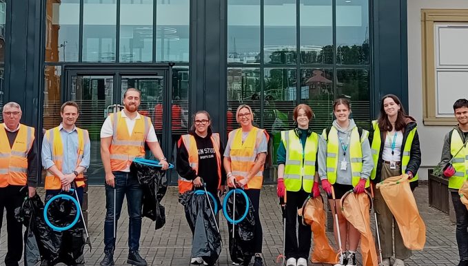 a team of litter pickers for a coleg cambria initiative