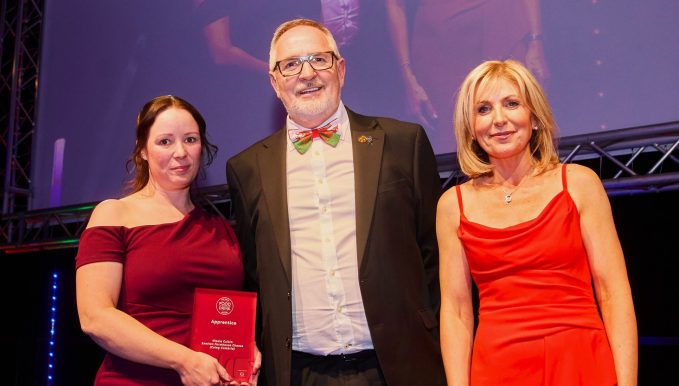 Nicola Culkin with presenter Sian Lloyd and sponsor Arwyn Watkins OBE (Cambrian Training).