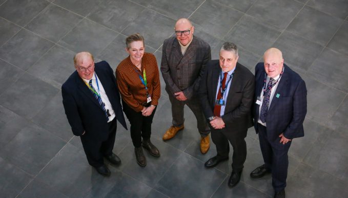 Pictured from left to right:
 
Professor Tim Wheeler, Coleg Cambria, Chair of the Board
Yana Williams Coleg Cambria, Chief Executive Officer 
Simon Pirotte OBE, Medr, Chief Executive Officer
Professor Joe Yates, Wrexham University, Vice Chancellor
Dr Leigh Griffin, Wrexham University, Chair of the Board

For the news story '