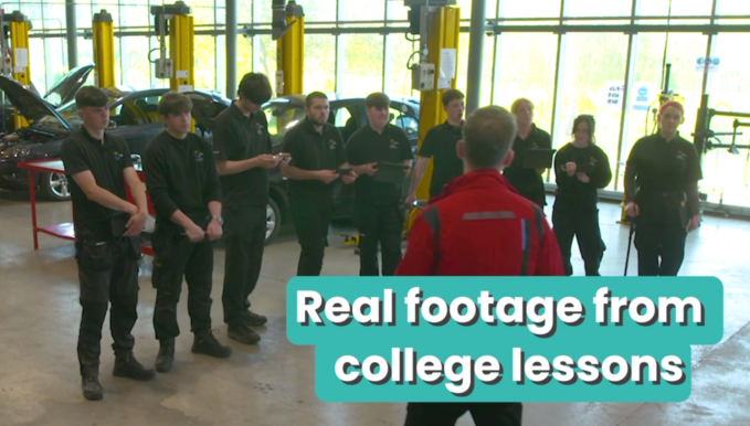 a group of students stood in a line looking towards a tutor who has his back to the camera